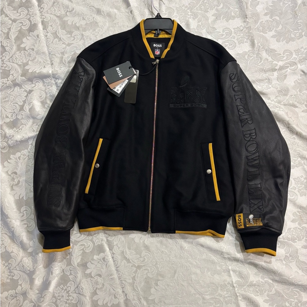 BOSS Super Bowl LIX NFL Black & Yellow Jacket with Leather Sleeves